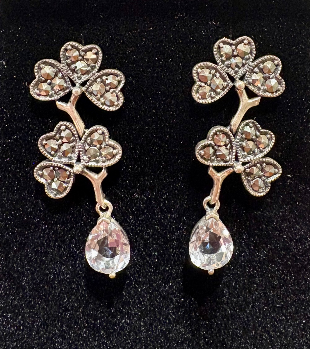 Boucles d oreilles argent cristal de roche et marcassites 