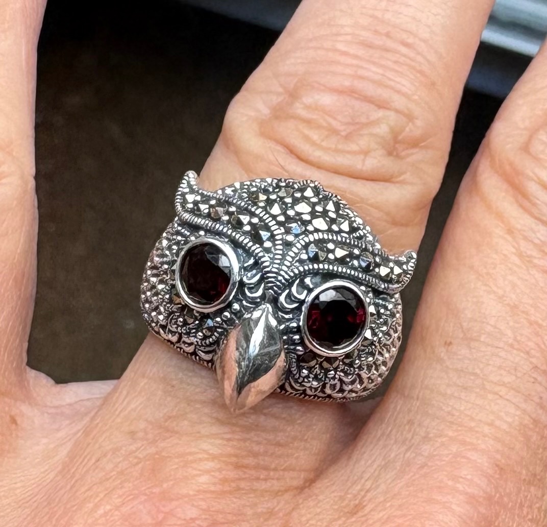 Bague argent  hibou sertie de grenats et marcassites -photo-2