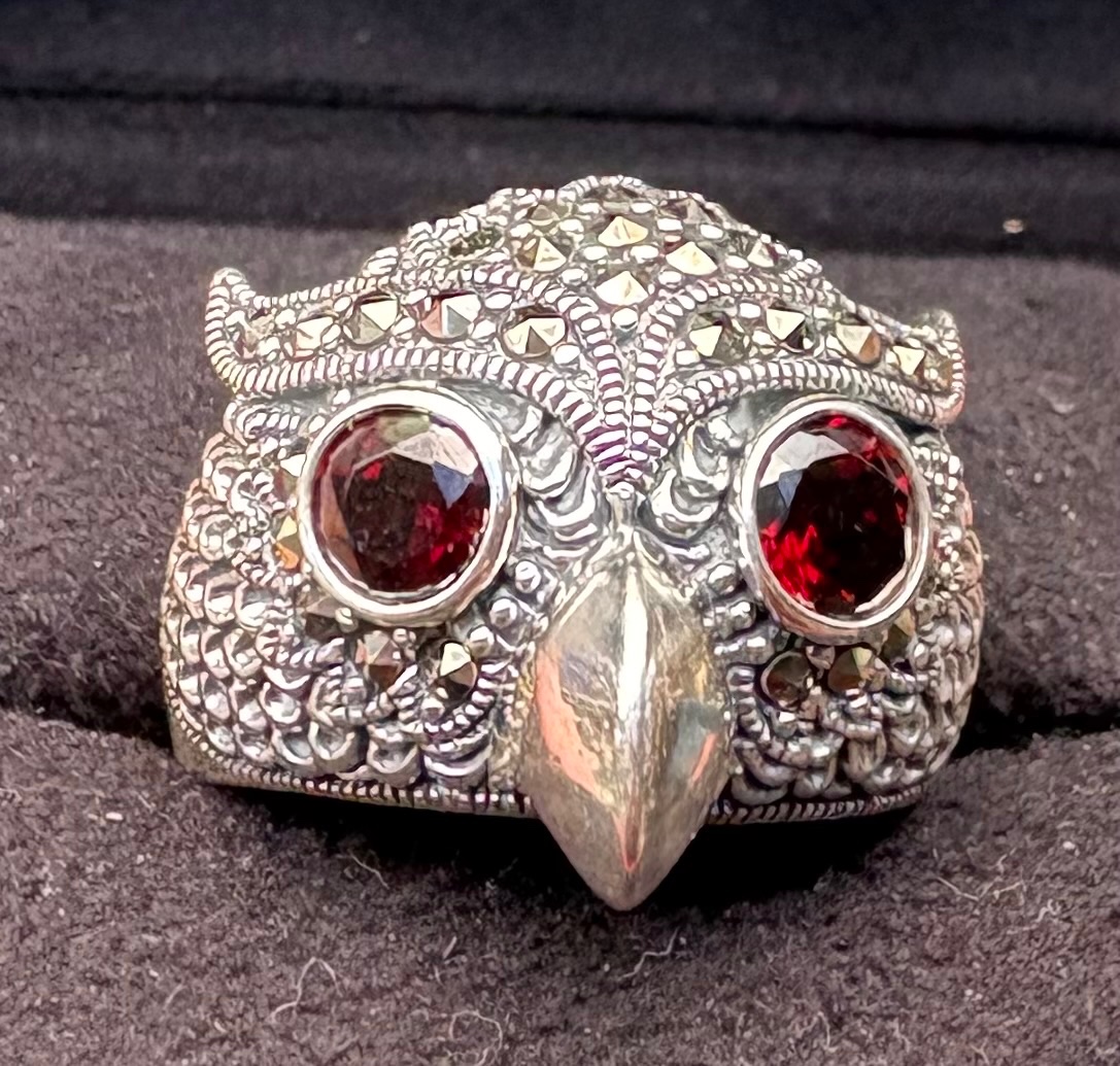 Bague argent  hibou sertie de grenats et marcassites -photo-4