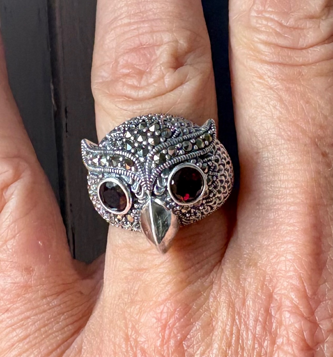Bague argent  hibou sertie de grenats et marcassites -photo-3