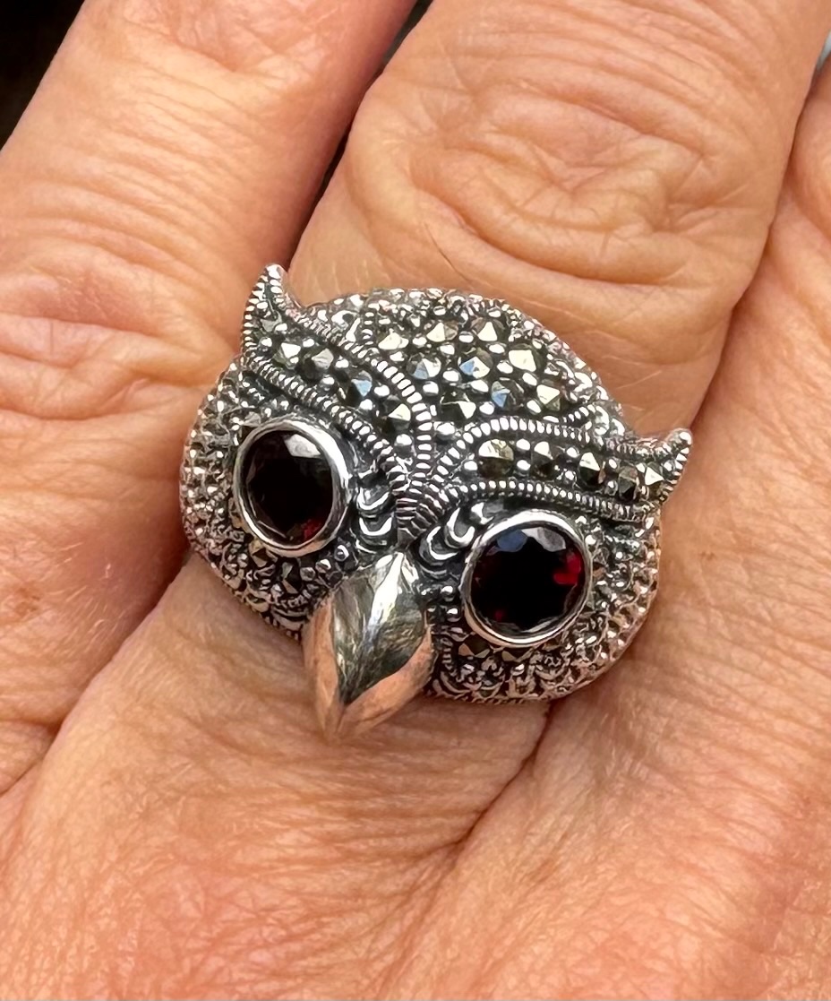 Bague argent  hibou sertie de grenats et marcassites -photo-7