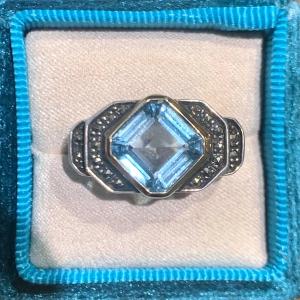 Silver Ring, Blue Topaz Set In Gold And Marcasite