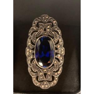 Bague Argent Sertie De Marcassites Et Pierre Bleue 