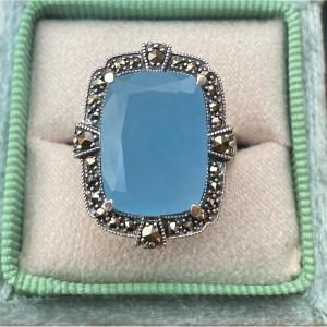 Marcasite Blue Agathe Silver Ring