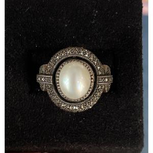 Mabé Marcasite Cultured Pearl Silver Ring 