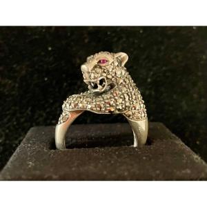 Bague Argent Massif  Marcassites Rubis Dans Les Yeux 