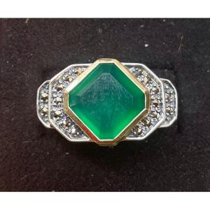 Bague Argent Agathe Verte Sertissure Or , Marcassites .