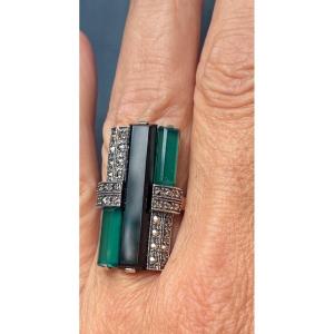 Bague style « art déco » argent Agathe verte onyx 