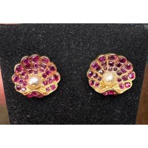 Boucles d oreilles  rubis or  perles