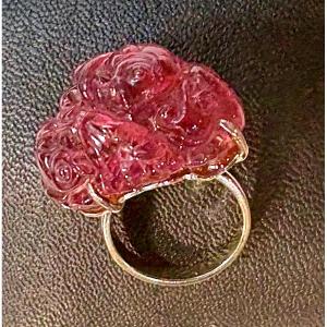 Pink Tourmaline Carved White Gold Ring