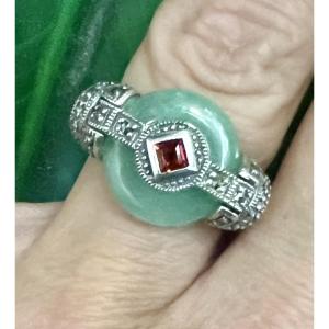 Silver Ring With Jade, Garnet, And Marcasite
