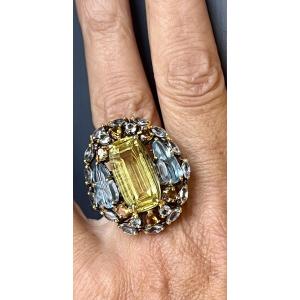 Bague argent citrines , topazes bleues , quartz lemon 
