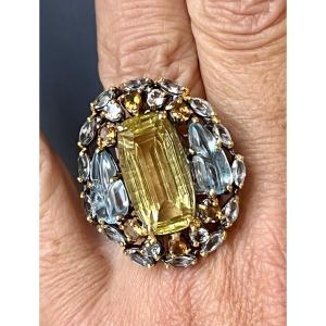 Bague argent citrines , topazes bleues , quartz lemon 