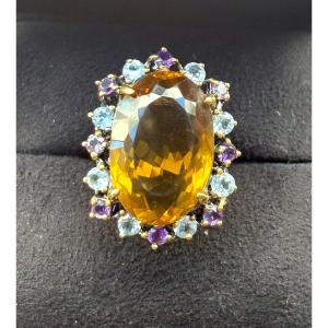 Bague argent citrine topazes bleues améthystes