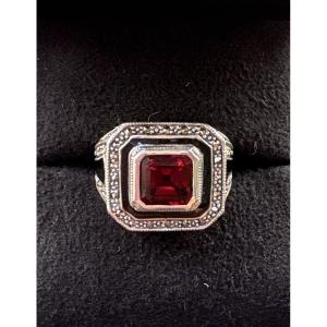 Bague argent grenat email et marcassites