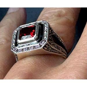 Bague argent grenat email et marcassites