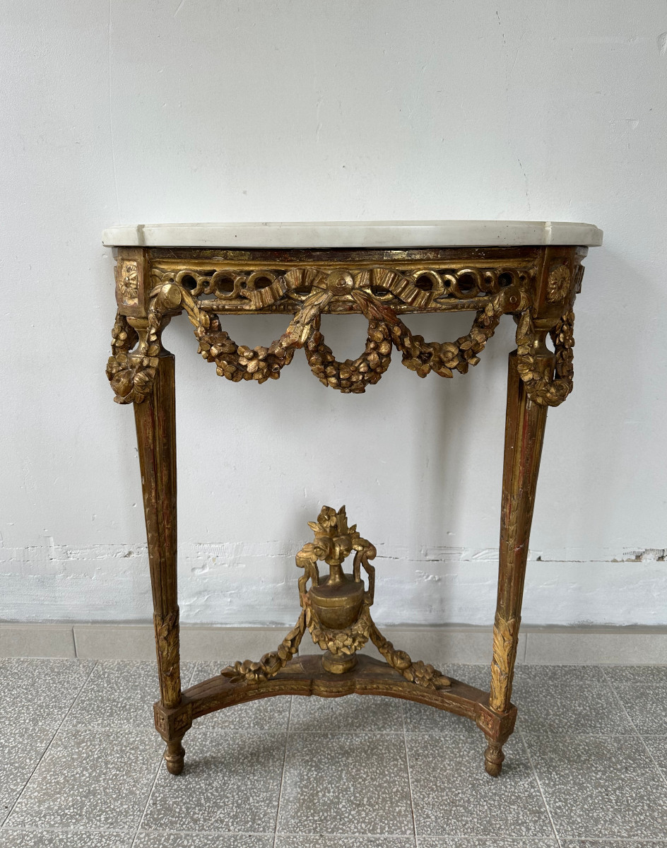 Console d'époque Louis XVI en bois doré estampillée P.Dumagny