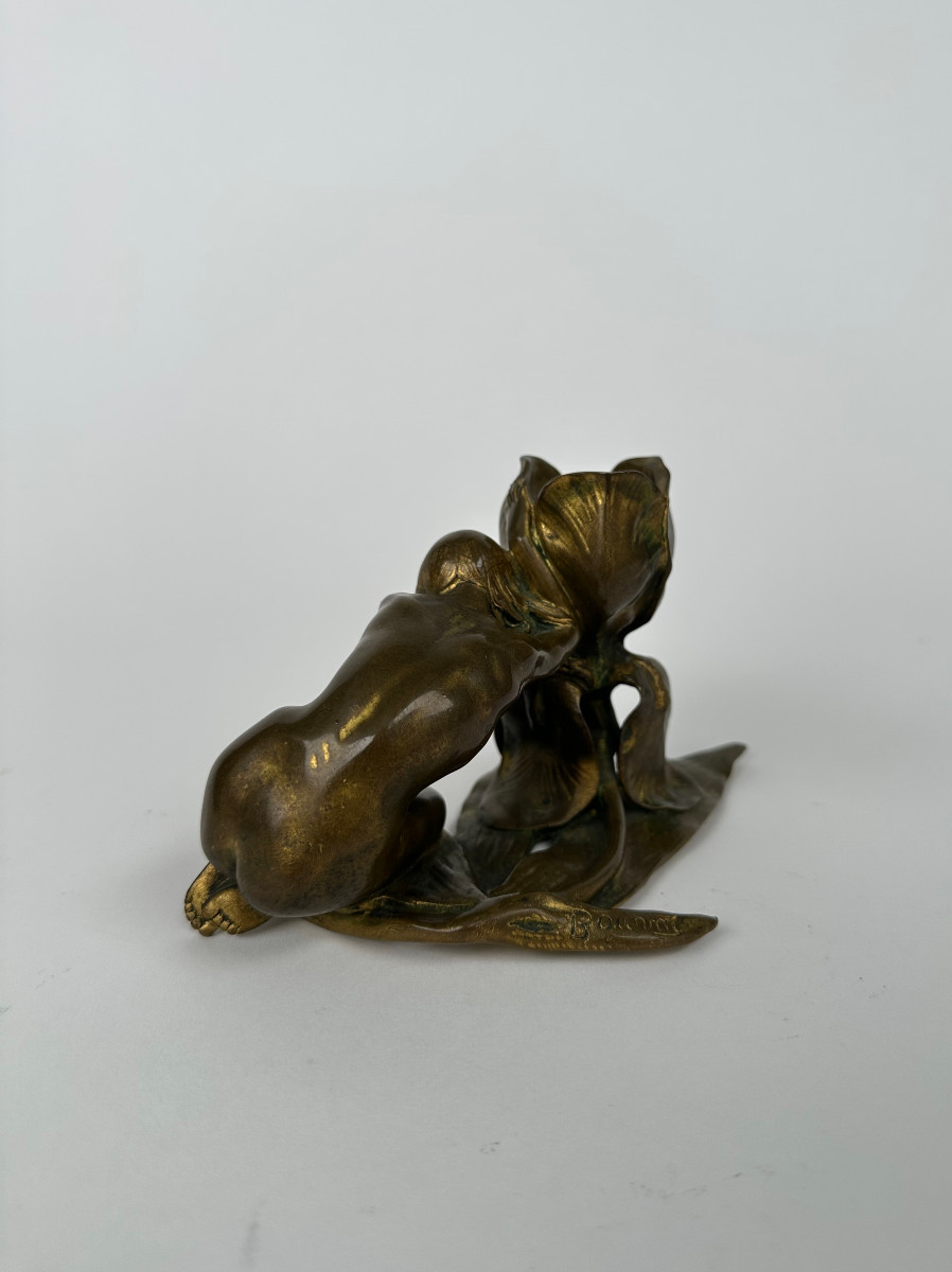 Bronze Candlestick By Maurice Bouval Depicting A Woman With An Iris-photo-3