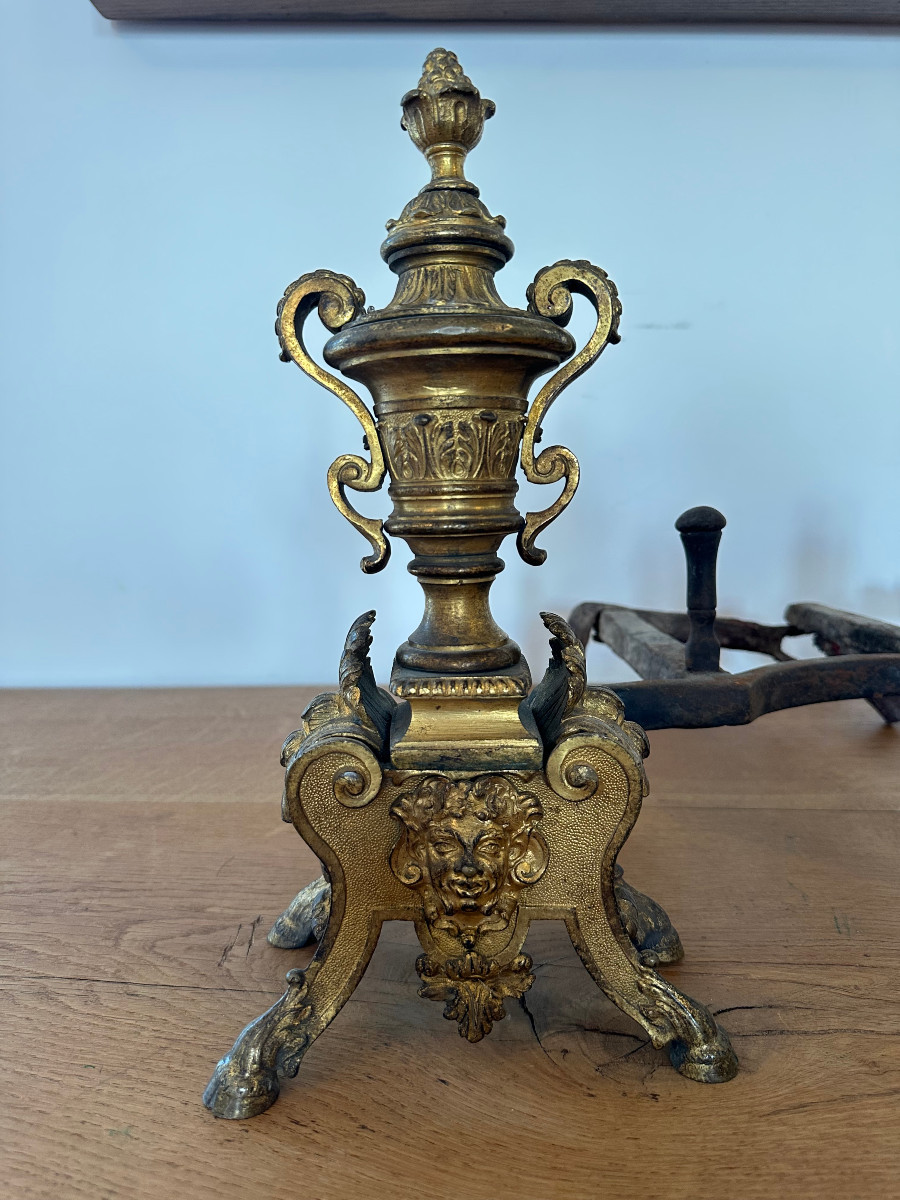 Paire de chenets en bronze doré XVIIIe de style louis XIV-photo-2