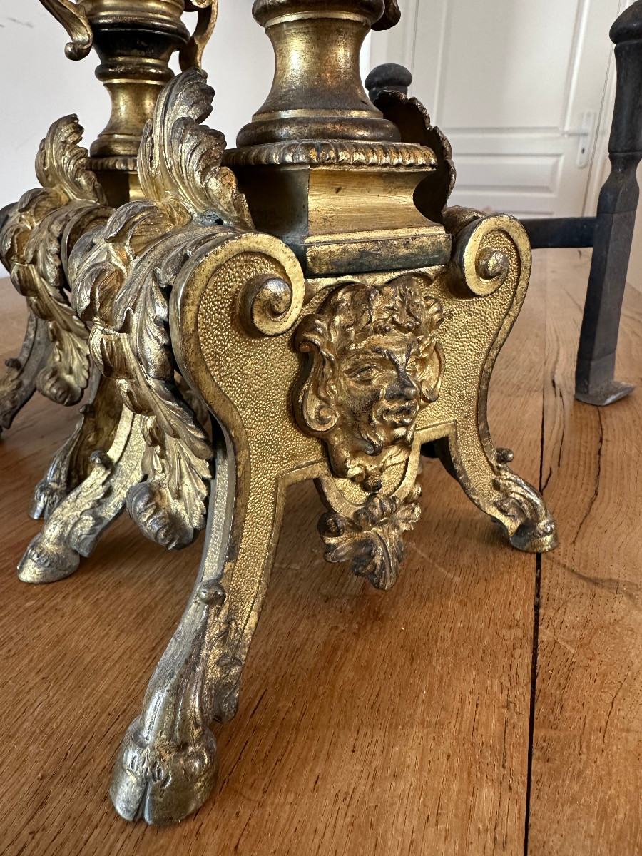 Paire de chenets en bronze doré XVIIIe de style louis XIV-photo-3