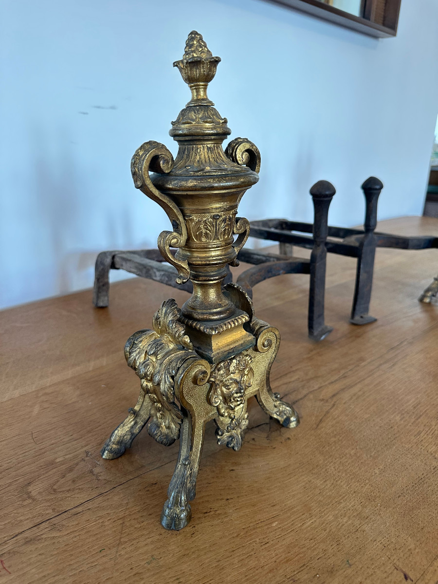 Paire de chenets en bronze doré XVIIIe de style louis XIV-photo-1