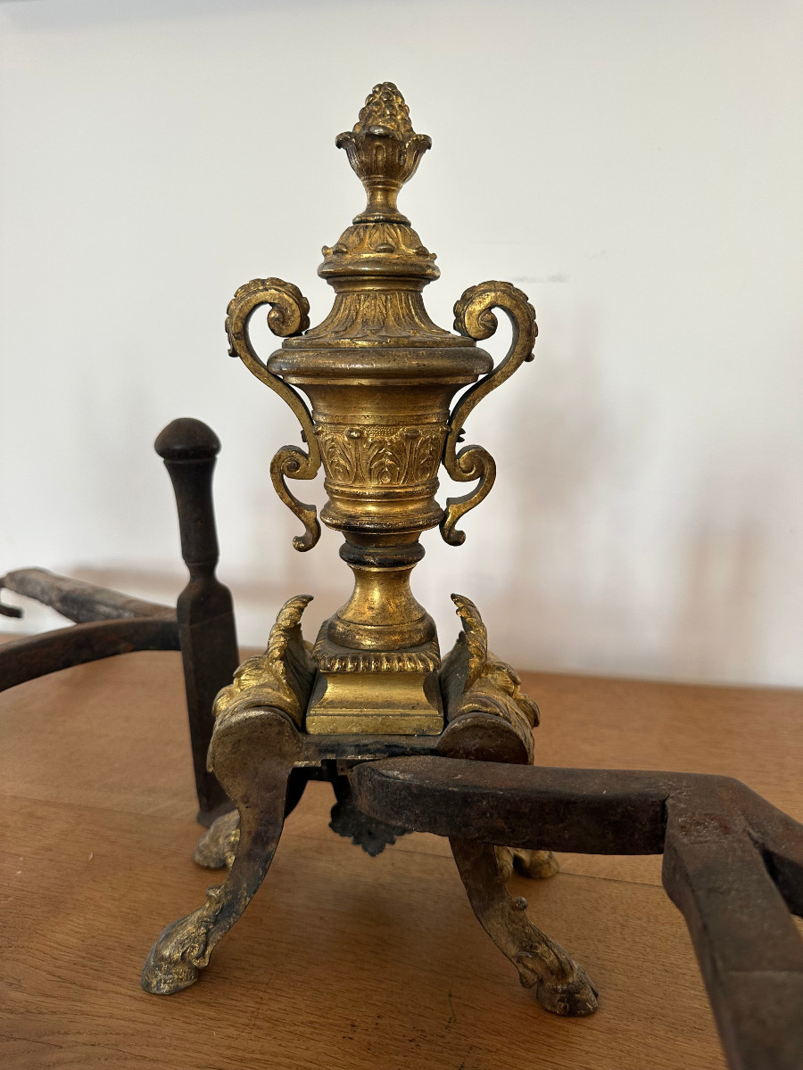 Paire de chenets en bronze doré XVIIIe de style louis XIV-photo-3