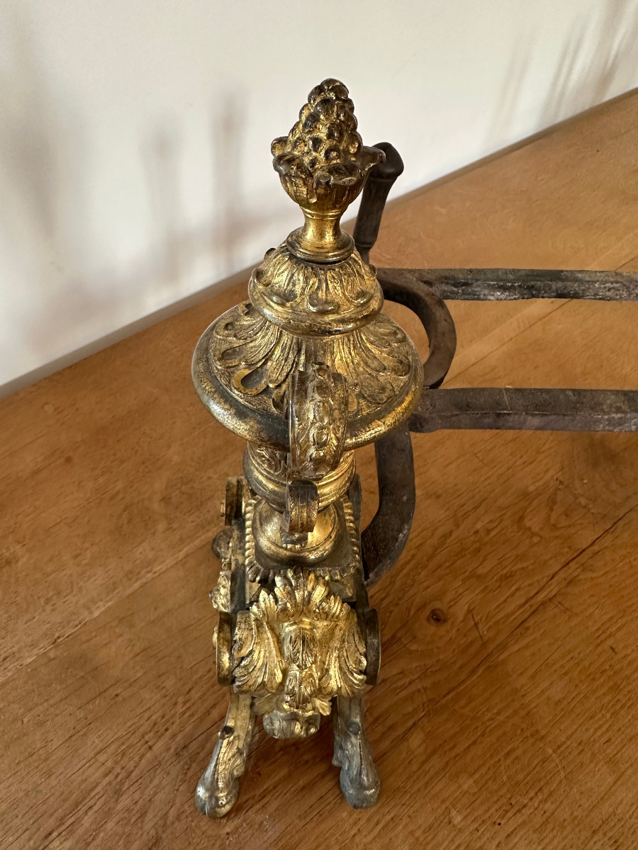 Paire de chenets en bronze doré XVIIIe de style louis XIV-photo-4