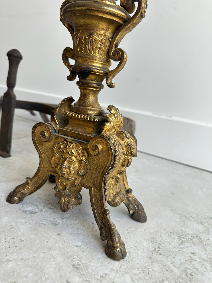 Paire de chenets en bronze doré XVIIIe de style louis XIV-photo-6