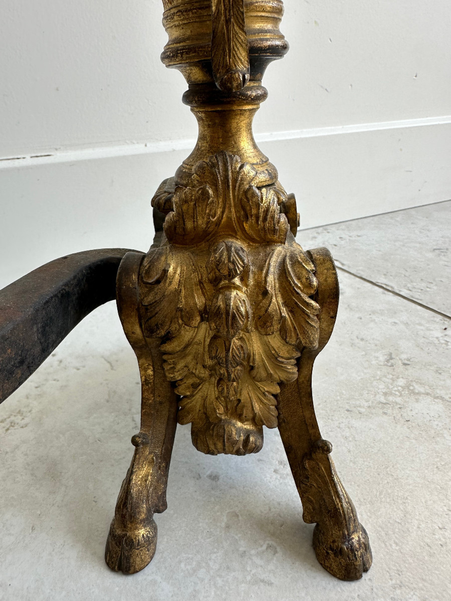 Paire de chenets en bronze doré XVIIIe de style louis XIV-photo-7