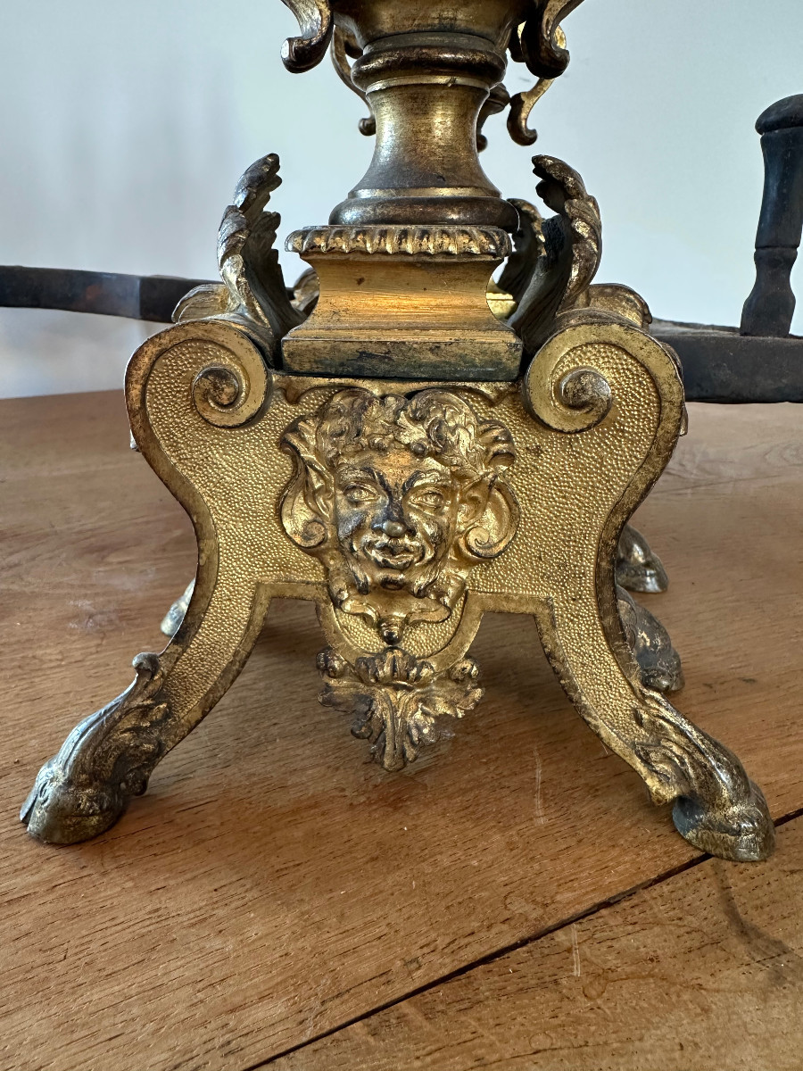Paire de chenets en bronze doré XVIIIe de style louis XIV-photo-8