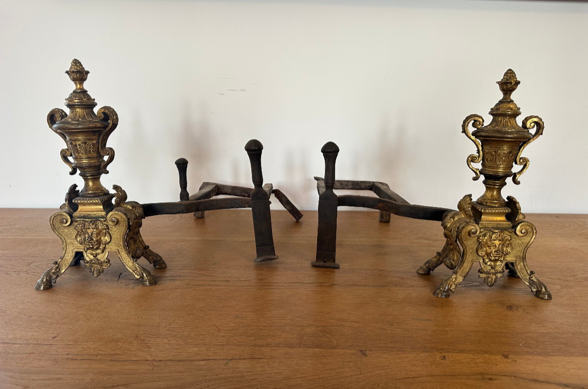 Paire de chenets en bronze doré XVIIIe de style louis XIV
