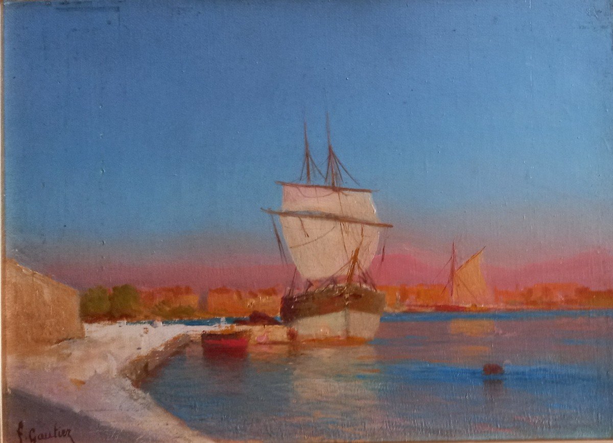 Port en Méditerranée.  François Gautier, école Provençale. -photo-2