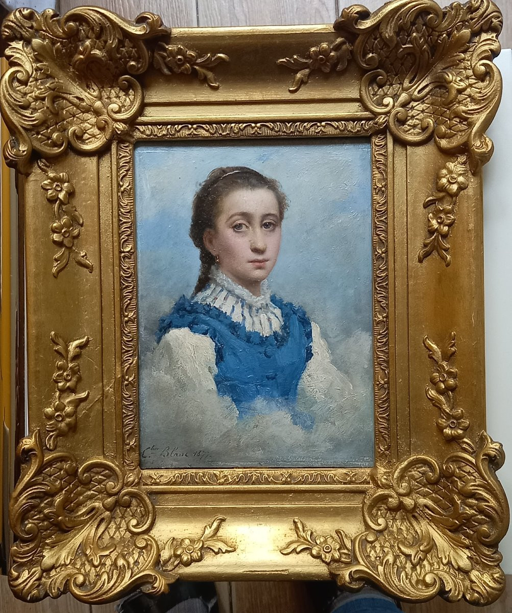 Portrait de Jeune fille Au gilet Bleu 1877. Célestin Joseph Blanc. -photo-4