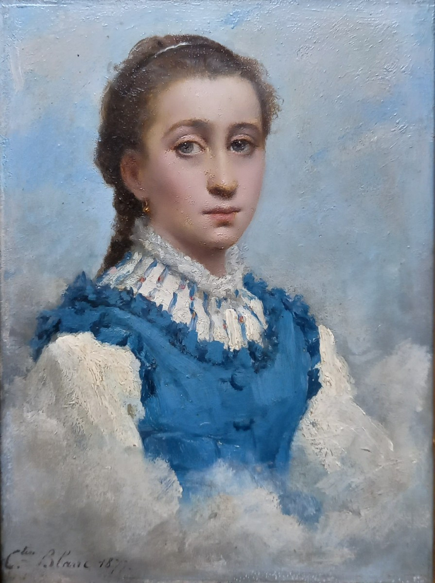 Portrait de Jeune fille Au gilet Bleu 1877. Célestin Joseph Blanc. 