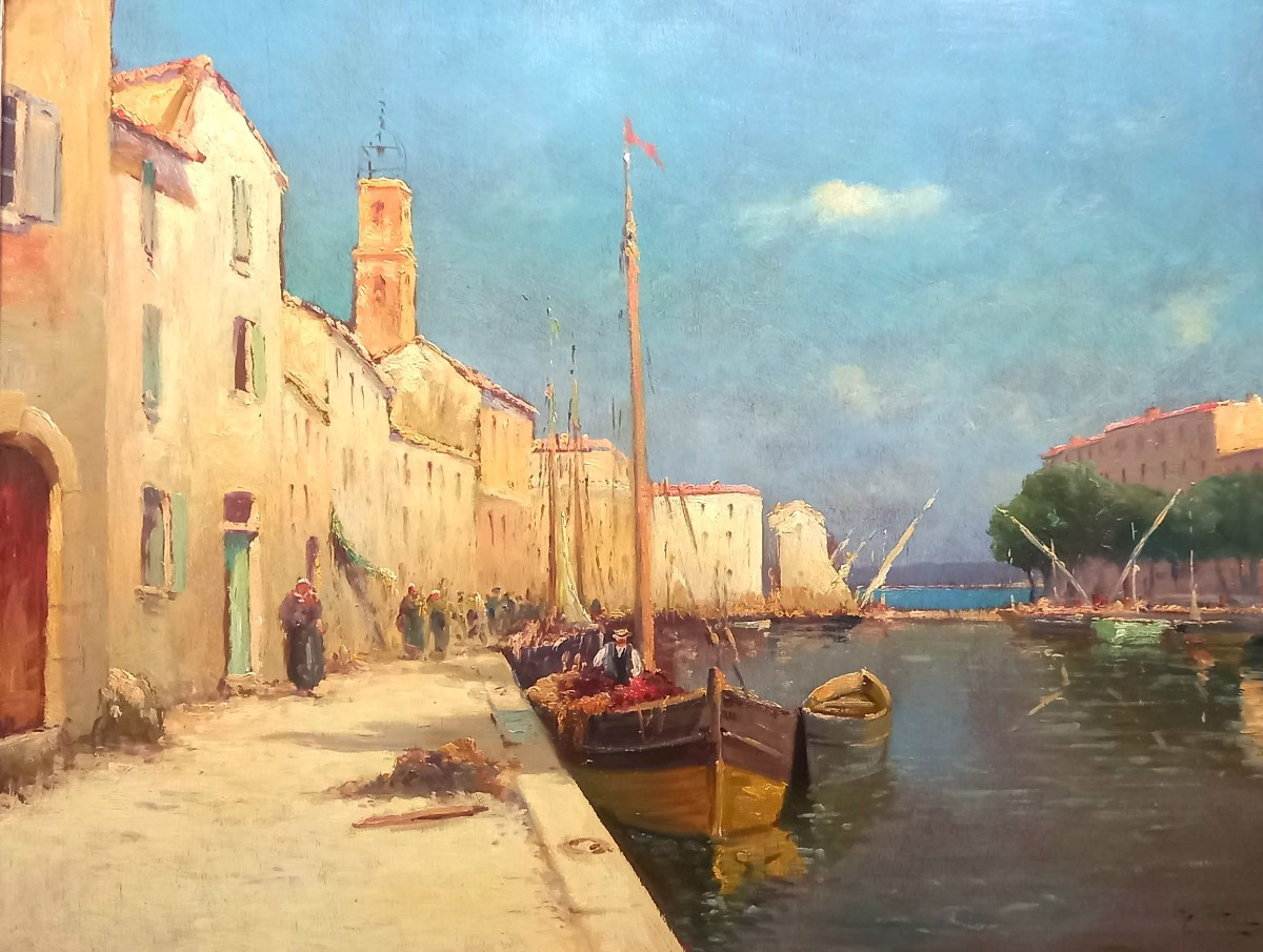  French School. Busy Port Of Martigues Around 1920.