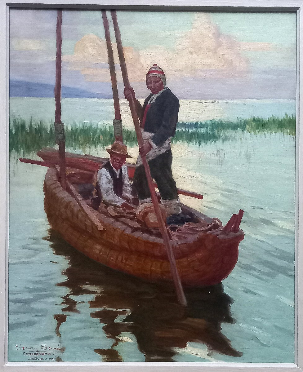 Henry Sené,  Copacabana. Bolivie 1928. Personnages sur une pirogue de roseaux . Lac Titicaca.-photo-2