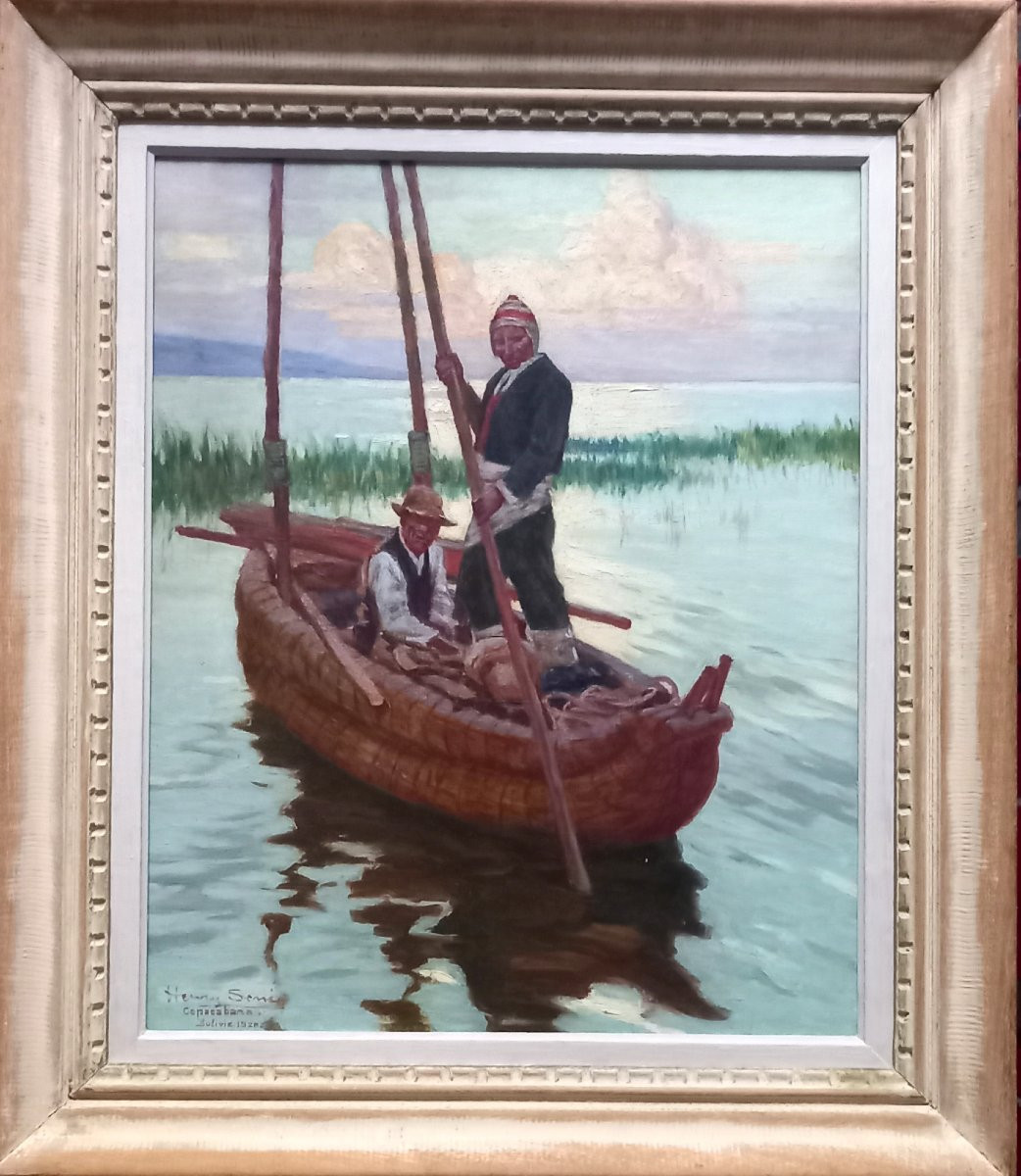 Henry Sené,  Copacabana. Bolivie 1928. Personnages sur une pirogue de roseaux . Lac Titicaca.-photo-3