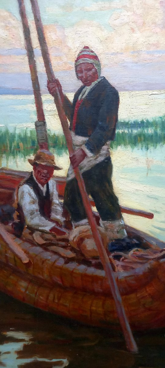 Henry Sené,  Copacabana. Bolivie 1928. Personnages sur une pirogue de roseaux . Lac Titicaca.-photo-4