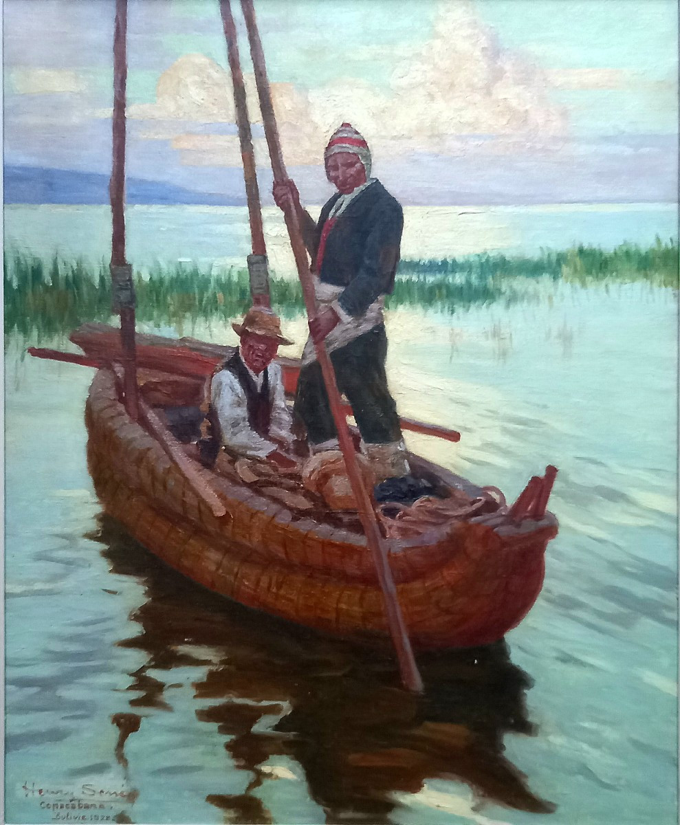 Henry Sené,  Copacabana. Bolivie 1928. Personnages sur une pirogue de roseaux . Lac Titicaca.