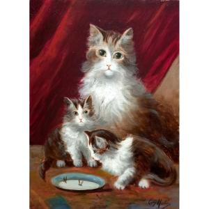 Cat And Kittens. Leon Charles Huber. 