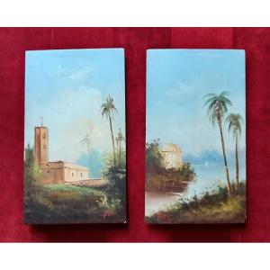 Paire de paysages orientalistes. XIXème siècle .