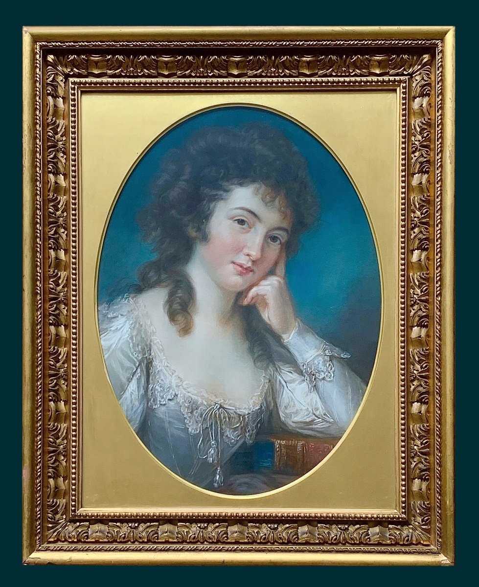 Portrait Au Pastel De Miss Mary Linwood Avec Un Livre Intitulé Da 'Vinci Sur La Peinture'