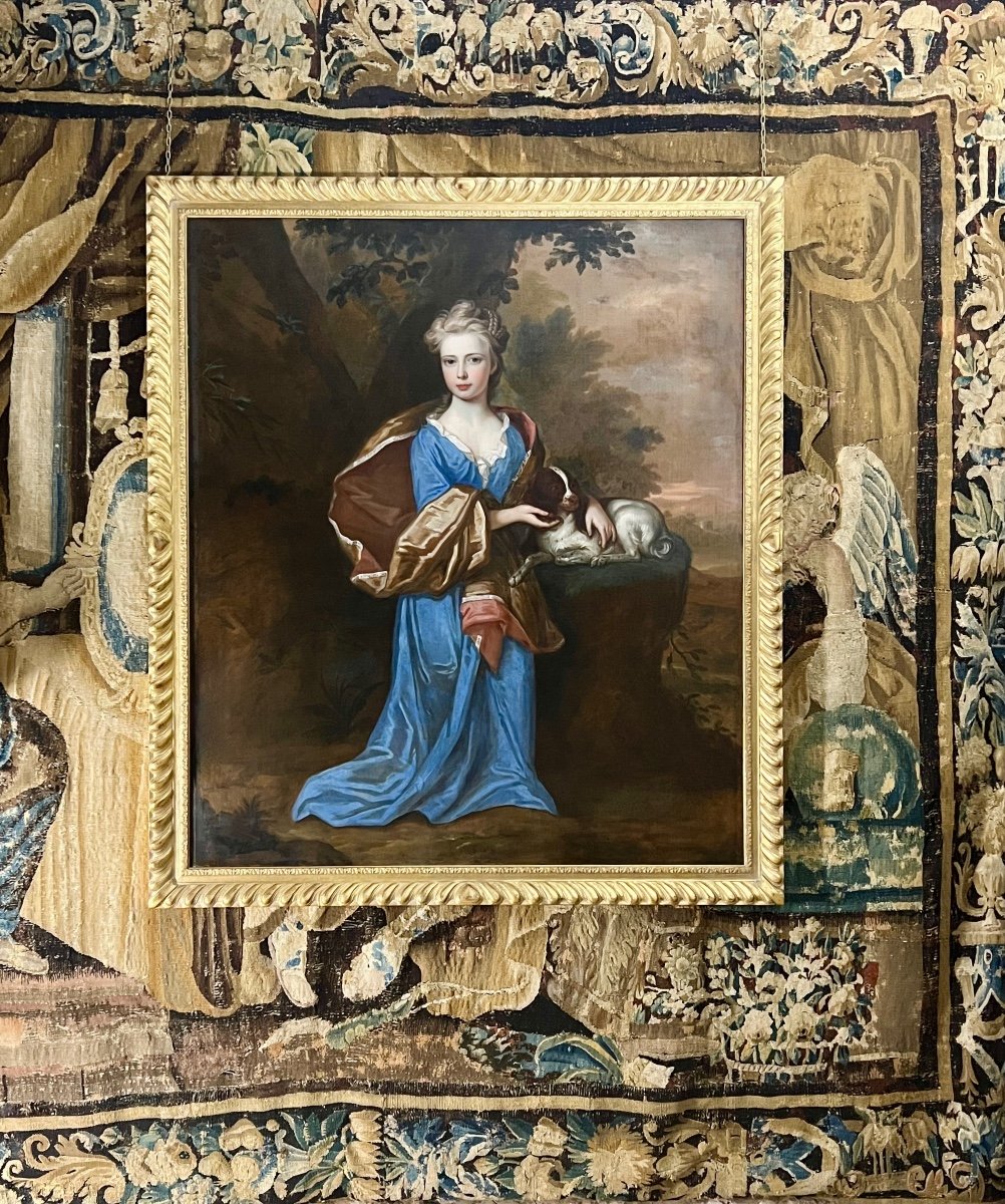 Portrait d'Une Jeune Fille Avec Son Spaniel - Attribué à Robert Byng (1666-1720.)-photo-6