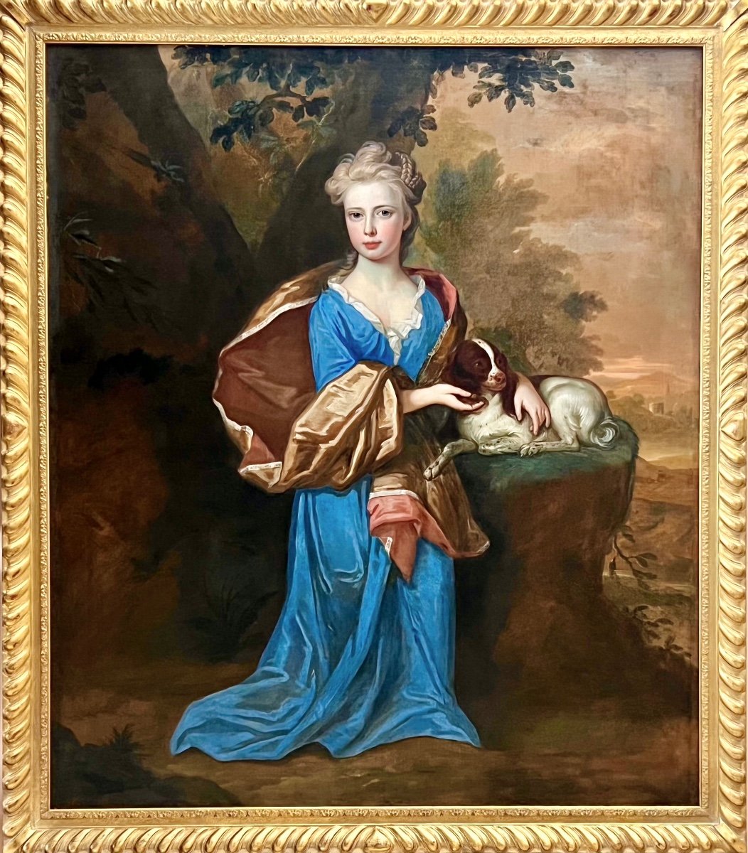 Portrait d'Une Jeune Fille Avec Son Spaniel - Attribué à Robert Byng (1666-1720.)