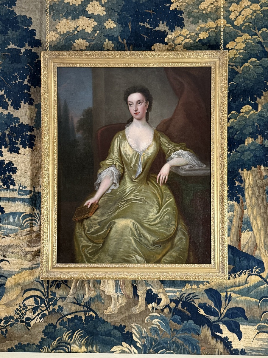 Thomas Bardwell (1704 - 1767) - Portrait Of A Lady In A Yellow Silk Dress-photo-2
