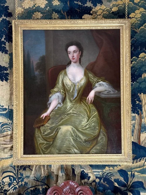 Thomas Bardwell (1704 - 1767) - Portrait Of A Lady In A Yellow Silk Dress-photo-1