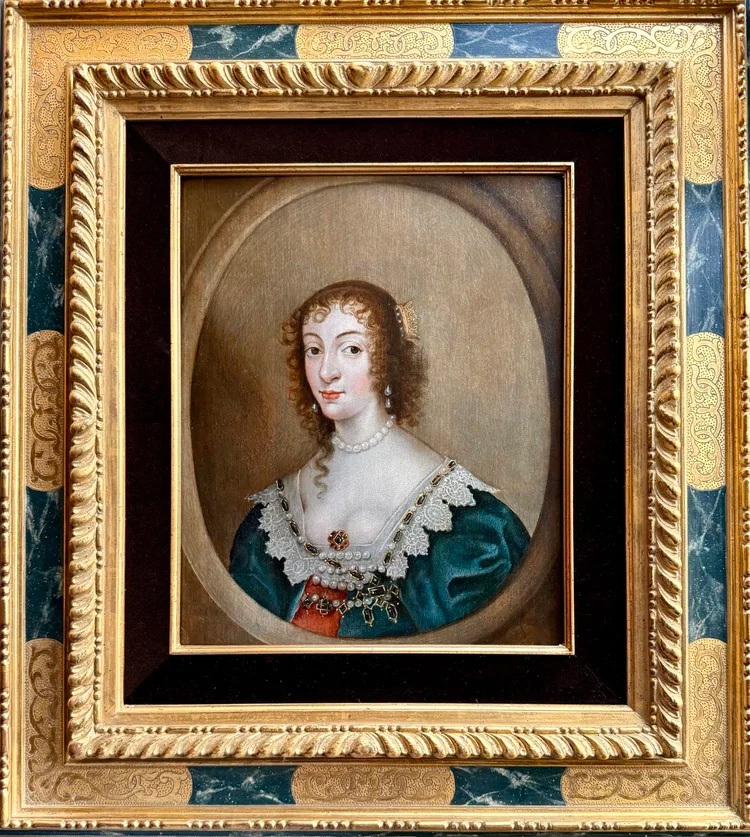 Ecole de Van Dyck - Portrait à l'Huile Sur Panneau Du XVIIe Siècle De La Reine Henrietta Maria -photo-2