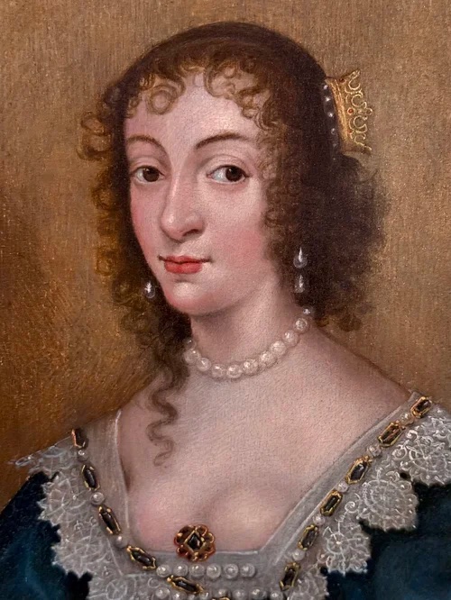 Ecole de Van Dyck - Portrait à l'Huile Sur Panneau Du XVIIe Siècle De La Reine Henrietta Maria -photo-3