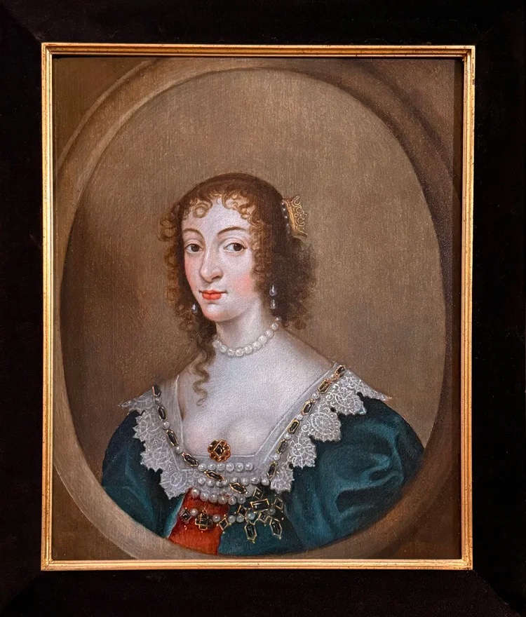 Ecole de Van Dyck - Portrait à l'Huile Sur Panneau Du XVIIe Siècle De La Reine Henrietta Maria -photo-3