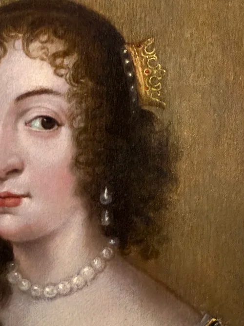 Ecole de Van Dyck - Portrait à l'Huile Sur Panneau Du XVIIe Siècle De La Reine Henrietta Maria -photo-4